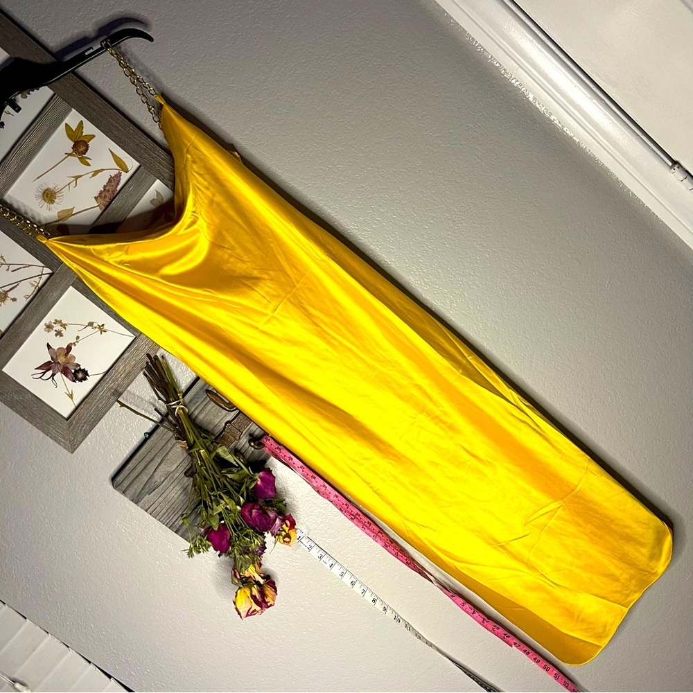 SHEIN | gold silky slip midi dress with chain straps & cowl neck, size